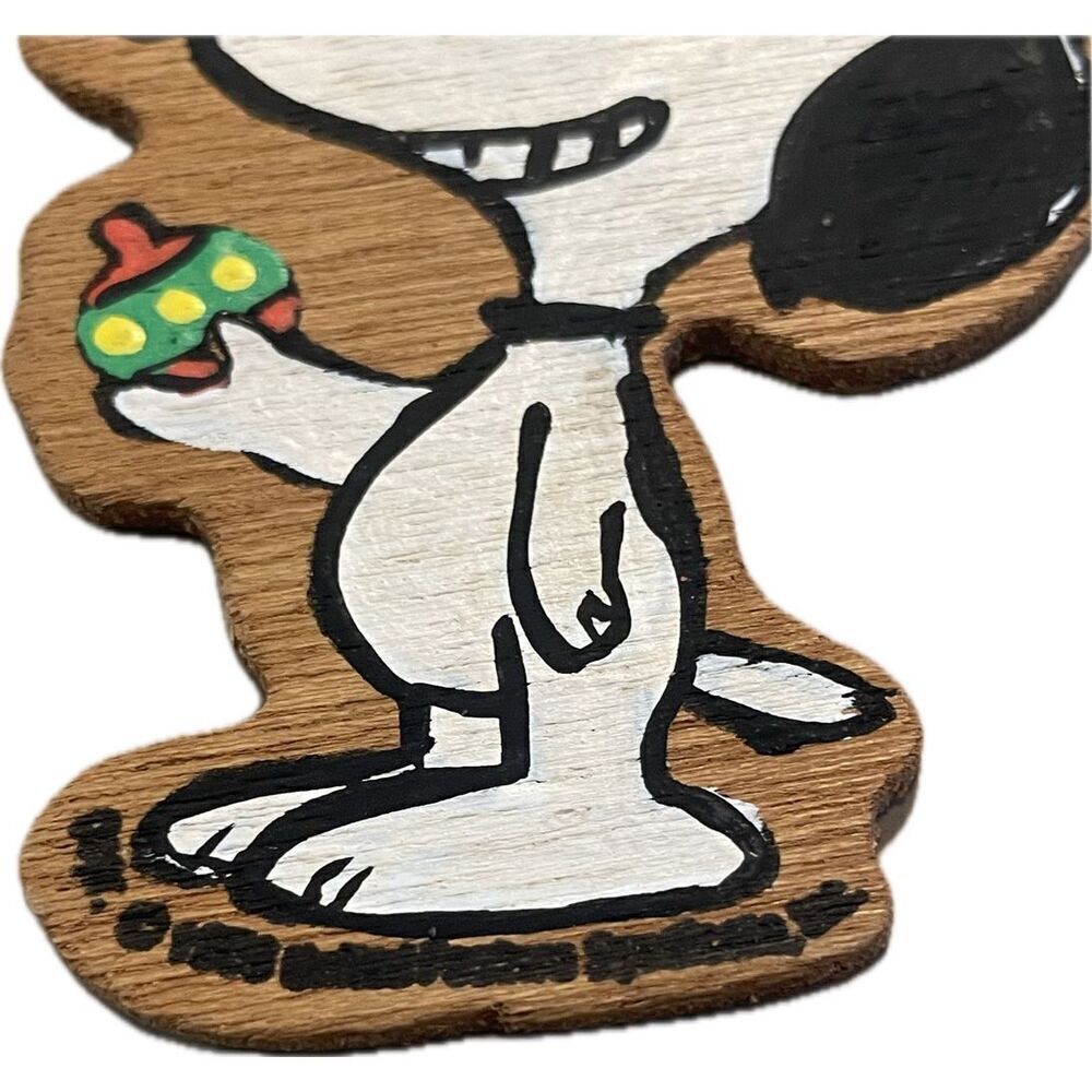 Vtg Snoopy Handpainted Both Sides Wood Christmas Hanging Ornament Brown White